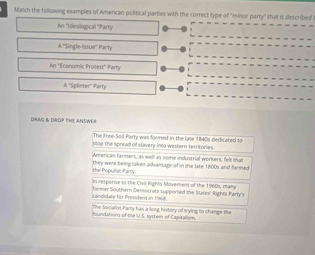 Match the following examples of American political parties with the correct type of "minor party" that is described
An "Ideological "Party
A "Single-Issue" Party
An "Economic Protest" Party
A "Splinter" Party
DRAG & DROP THE ANSWER
The Free-Soil Party was formed in the late 1840s dedicated to
stop the spread of slavery into western territories.
American farmers, as well as some industrial workers, felt that
they were being taken advantage of in the late 1800s and formed
the Populist Party.
In response to the Civil Rights Movement of the 1960s, many
former Southern Democrats supported the States' Rights Party's
candidate for President in 1968.
The Socialist Party has a long history of trying to change the
foundations of the U.S. system of Capitalism.