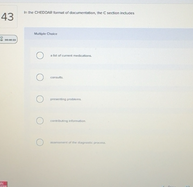 Solved: In the CHEDDAR format of documentation, the C section includes ...