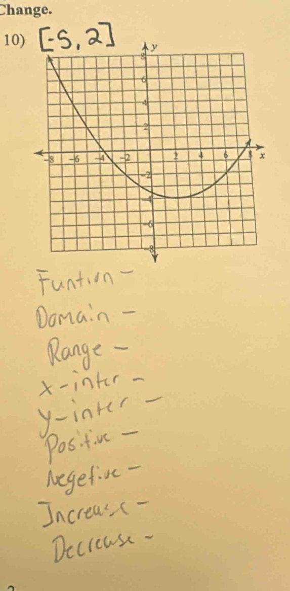 Funtion-
Domain -
Range -
x-inter-
y-inter-
Pos. t. c-
Aegetive -
Increas e-
Decrease