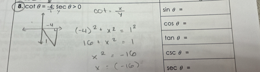 8.)cot θ =_ -4;sec θ >0