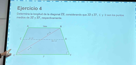 Determina la longitud de la diagonal overline EB , considerando que overline ABparallel overline EF , C y D son los puntos
medios de overline AE y overline BF , respectivamente.