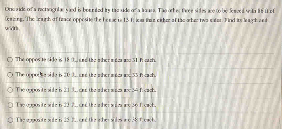 Solved: One side of a rectangular yard is bounded by the side of a ...