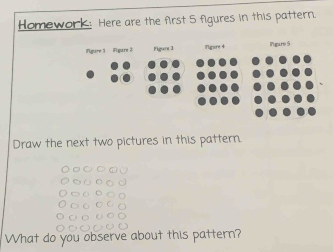 Homework: Here are the first 5 figures in this pattern. 
Draw the next two pictures in this pattern. 
What do you observe about this pattern?