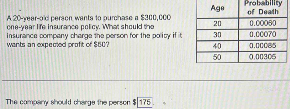 Probability 
A 20-year-old person wants to purchase a $300,000
one-year life insurance policy. What should the 
insurance company charge the person for the policy if it 
wants an expected profit of $50? 
The company should charge the person $ 175.