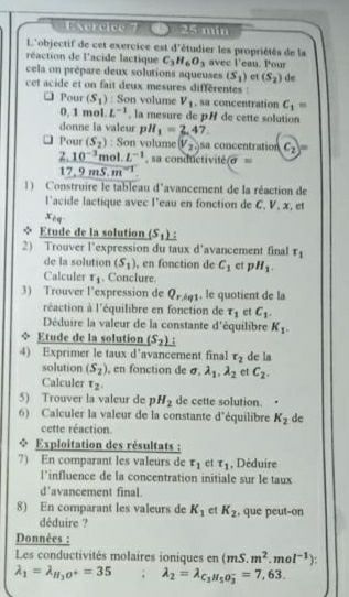  ) 25 min
L'objectif de cet exercice est d'étudier les propriétés de la
réaction de l'acide lactique C_3H_6O_3 avec l'eau. Pour
cela on prépare deux solutions aqueuses (S_1) et (S_2) de
cet acide et on fait deux mesures différentes :
Pour (S_1) : Son volume V_1 , sa concentration C_1=
0. 1 mol. L^(-1) , la mesure de pH de cette solution
donne la valeur pH_1=_ 247.
Pour (S_2) : Son volume V_2, concentration C_2=
2.10^(-3) mol. L^(-1) , sa conductivité sigma =
17.9mS.m^(-1)
1) Construire le tableau d'avancement de la réaction de
l’acide lactique avec l'eau en fonction de C, V, x, et
x_iq
* Etude de la solution (S_1)
2) Trouver l’expression du taux d’avancement final r_1
de la solution (S_1) , en fonction de C_1 et pH_1.
Calculer r_1 , Conclure.
3) Trouver l’expression de QrAq1 , le quotient de la
réaction à l'équilibre en fonction de tau _1 ct C_1.
Déduire la valeur de la constante d'équilibre K_1.
Etude de la solution (S_2) :
4) Exprimer le taux d'avancement final r_2 de la
solution (S_2) , en fonction de sigma .lambda _1,lambda _2 et C_2.
Calculer r_2
5) Trouver la valeur de pH_2 de cette solution.
6) Calculer la valeur de la constante d'équilibre K_2 de
cette réaction.
* Exploitation des résultats :
7) En comparant les valeurs de r_1 et tau _1 , Déduire
l'influence de la concentration initiale sur le taux
d'avancement final.
8) En comparant les valeurs de K_1 et K_2 , que peut-on
déduire ?
Données :
Les conductivités molaires ioniques en (mS.m^2.mol^(-1)) :
lambda _1=lambda _H_3O^+=35; lambda _2=lambda _C_3H_5O_3^-=7,63.