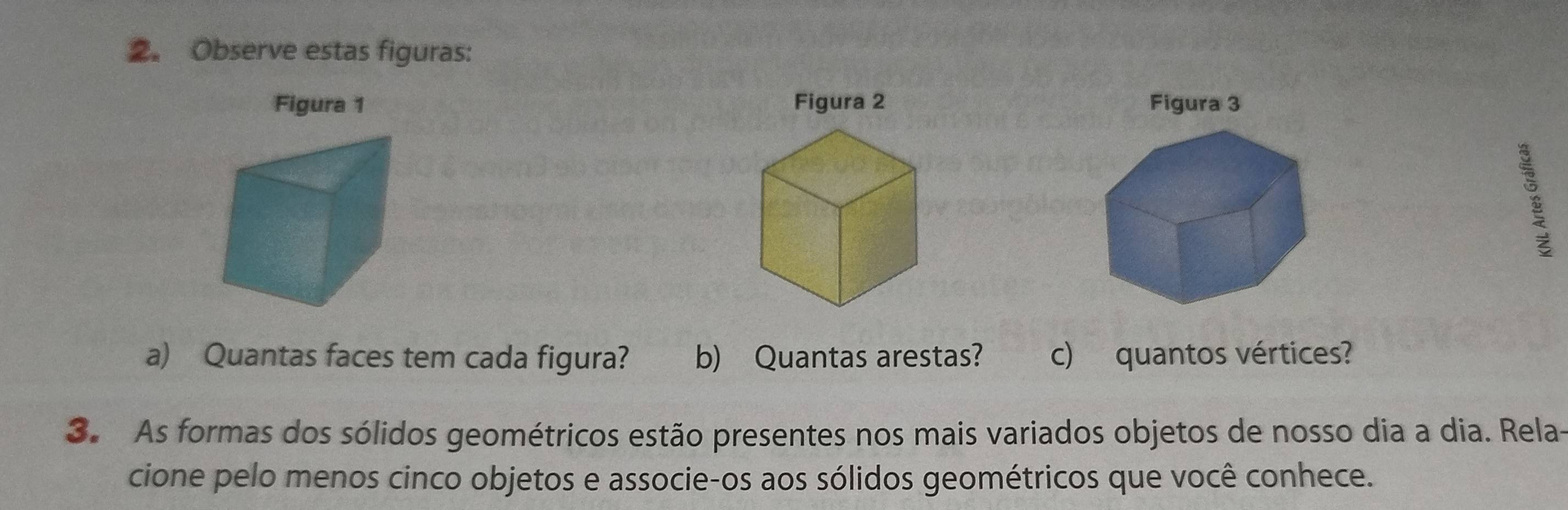 2。 Observe estas figuras: 
Figura 1 Figura 2 Figura 3 
a) Quantas faces tem cada figura? b) Quantas arestas? c) quantos vértices? 
3. As formas dos sólidos geométricos estão presentes nos mais variados objetos de nosso dia a dia. Rela- 
cione pelo menos cinco objetos e associe-os aos sólidos geométricos que você conhece.