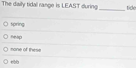 The daily tidal range is LEAST during _tide
spring
neap
none of these
ebb