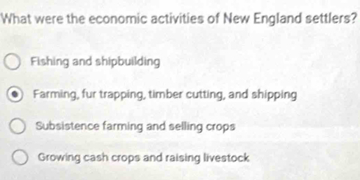 What were the economic activities of New England settlers?
Fishing and shipbuilding
Farming, fur trapping, timber cutting, and shipping
Subsistence farming and selling crops
Growing cash crops and raising livestock