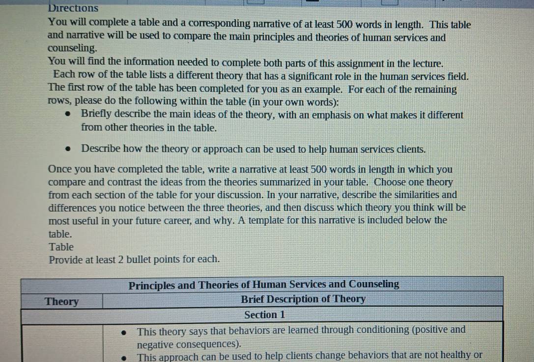 Directions 
You will complete a table and a corresponding narrative of at least 500 words in length. This table 
and narrative will be used to compare the main principles and theories of human services and 
counseling. 
You will find the information needed to complete both parts of this assignment in the lecture. 
Each row of the table lists a different theory that has a significant role in the human services field. 
The first row of the table has been completed for you as an example. For each of the remaining 
rows, please do the following within the table (in your own words): 
Briefly describe the main ideas of the theory, with an emphasis on what makes it different 
from other theories in the table. 
Describe how the theory or approach can be used to help human services clients. 
Once you have completed the table, write a narrative at least 500 words in length in which you 
compare and contrast the ideas from the theories summarized in your table. Choose one theory 
from each section of the table for your discussion. In your narrative, describe the similarities and 
differences you notice between the three theories, and then discuss which theory you think will be 
most useful in your future career, and why. A template for this narrative is included below the 
table. 
Table 
Provide at least 2 bullet points for each.