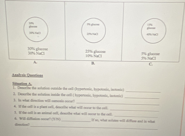 30% 5% glucose 15%
glucose 
glocose
30% NaCl 25% NaCl 40% NaCl
30% glucose 25% glucose 5% glucose
30% NaCl 10% NaCl 5% NaCl 
A. 
B. 
C. 
Analysis Questions 
Situation A. 
1. Describe the solution outside the cell (hypertonic, hypotonic, isotonic)_ 
2. Describe the solution inside the cell ( hypertonic, hypotonic, isotonic) 
_ 
3. In what direction will osmosis occur? 
_ 
_ 
4. If the cell is a plant cell, describe what will occur to the cell. 
_ 
5. If the cell is an animal cell, describe what will occur to the cell. 
6. Will diffusion occur? (Y/N) _If so, what solutes will diffuse and in what 
direction? 
_