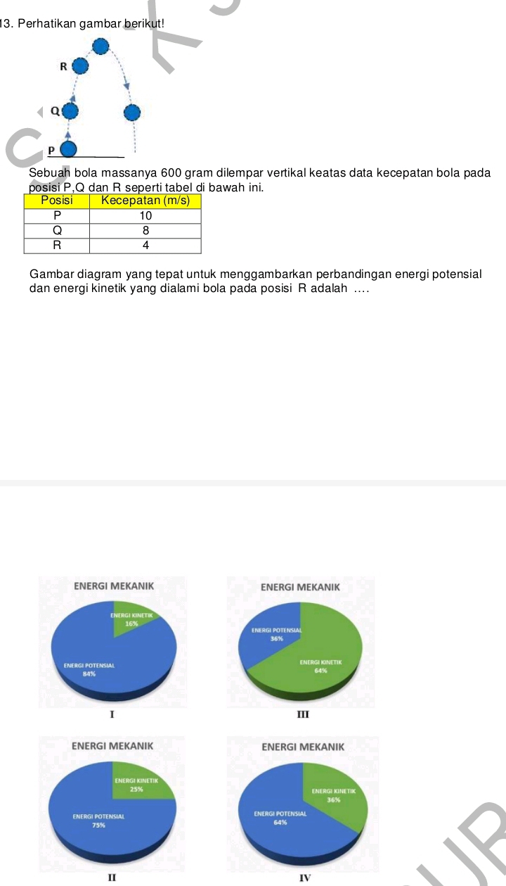 Perhatikan gambar berikut!
R
< <tex>Q
p
Sebuah bola massanya 600 gram dilempar vertikal keatas data kecepatan bola pada
posisi P, Q dan R seperti tabel di bawah ini.
Gambar diagram yang tepat untuk menggambarkan perbandingan energi potensial
dan energi kinetik yang dialami bola pada posisi R adalah .




IV