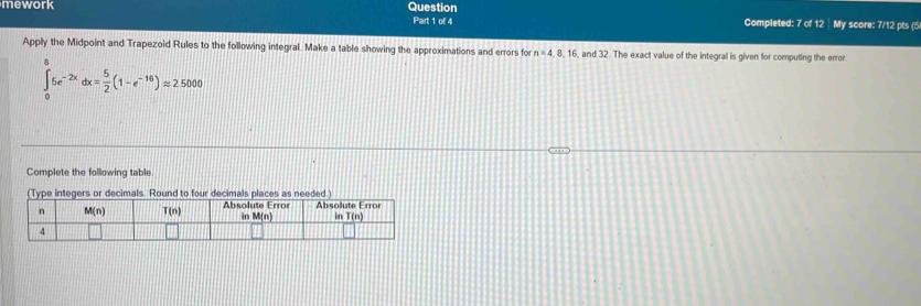 mework Question Part 1 of 4 Completed: 7 of 12 | My score: 7/12 pts (5
Apply the Midpoint and Trapezoid Rules to the following integral. Make a table showing the approximations and errors for n=4,8,16 , and 32. The exact value of the integral is given for computing the error
∈tlimits _05e^(-2x)dx= 5/2 (1-e^(-16))approx 25000
Complete the following table
(Type integers or decimals. Round to four decimals places as neeed.)