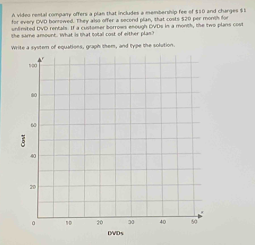A video rental company offers a plan that includes a membership fee of $10 and charges $1
for every DVD borrowed. They also offer a second plan, that costs $20 per month for 
unlimited DVD rentals. If a customer borrows enough DVDs in a month, the two plans cost 
the same amount. What is that total cost of either plan? 
Write a system of equations, graph them, and type the solution.