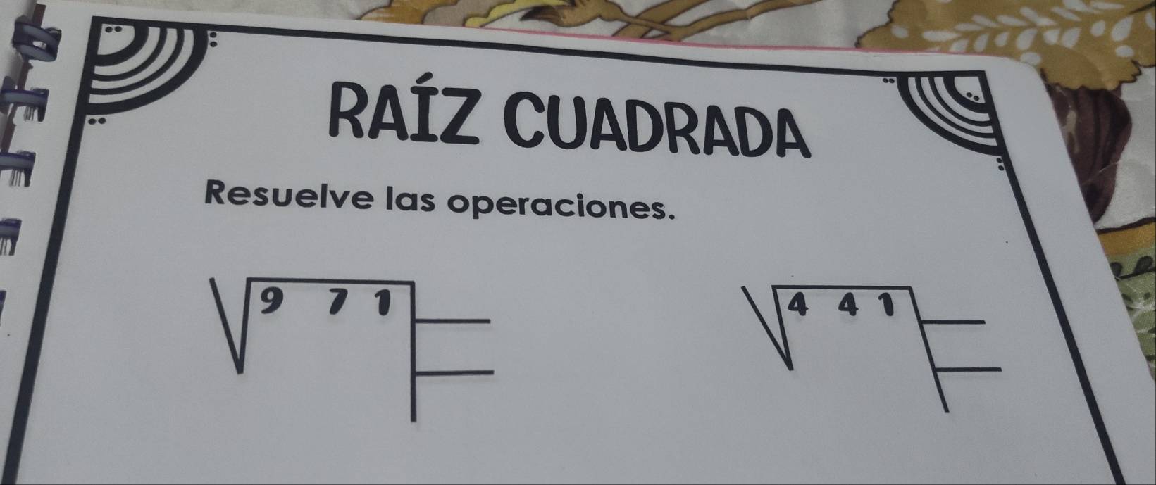 RAÍZ CUADRADA 
Resuelve las operaciones.
971
4 4 1