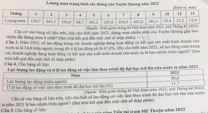 Lượng mưa trung bình các tháng của Tuyên Quang năm 2022
ị: mm) 
(Nguồn: Niên giám thống k 
Căn cứ vào bảng số liệu trên, hãy cho biết năm 2022, tháng mưa nhiều nhất của Tuyên Quang gấp bao 
nhiêu lần tháng mưa ít nhất? (làm tròn kết quả đến một chữ số thập phân). 
Câu 3. Năm 2022, số lao động trong các doanh nghiệp đang hoạt động có kết quả sản xuất kinh doanh của 
nước ta là 14, 8 triệu người, trong đó tỉ lệ lao động nữ là 47, 6%. Hãy cho biết năm 2022, số lao động nam trong 
các doanh nghiệp đang hoạt động có kết quả sản xuất kinh doanh của nước ta là bao nhiêu triệu người? (làm 
tròn kết quả đến một chữ số thập phân). 
Câu 4. Cho bảng số liệu: 
h độ đại học trở lên của nước ta năm 2021 
(Nguồn: Niên 
Căn cứ vào bảng số liệu trên, hãy cho biết số lao động có việc làm theo trình độ đại học trở lên của nước 
ta năm 2021 là bao nhiêu triệu người? (làm tròn kết quả đến một chữ số thập phân). 
Câu 5. Cho bảng số liệu: 
M Tiền tại tram Mỹ Thuận năm 2022