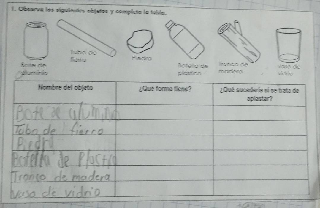 Observa los siguientes objetos y completa la tabla. 
Tubo de 
fiero Piedra 
Bote de Botella de Tronco de vaso de 
cluminio plástico madera vidrio