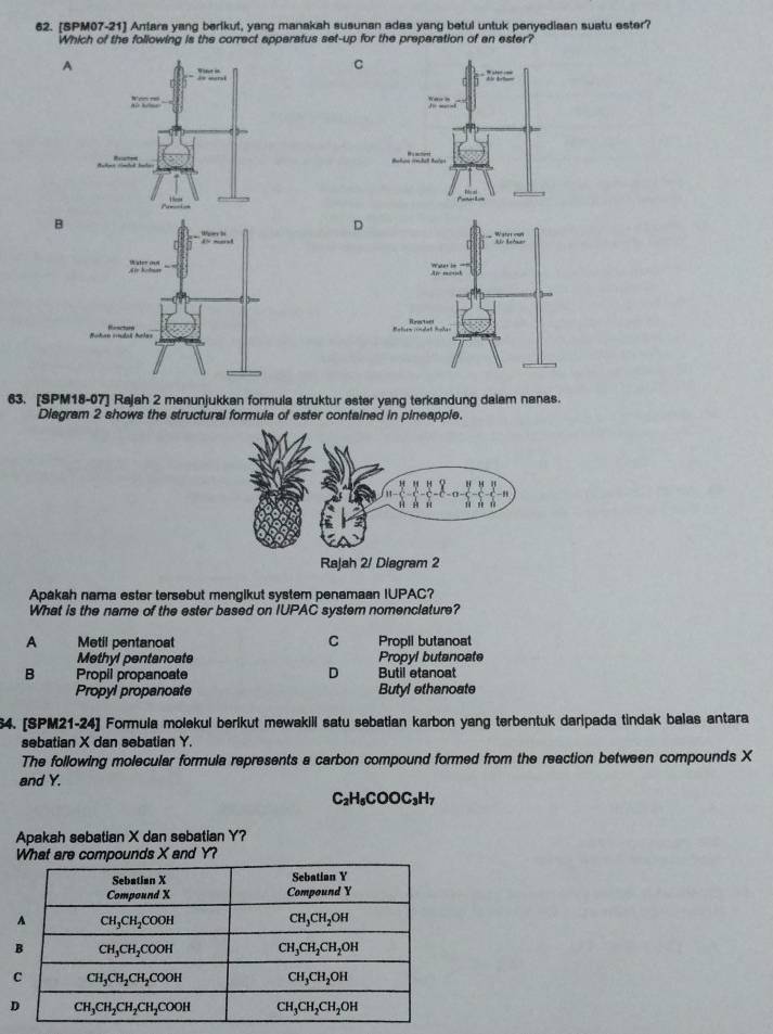 [SPM07-21] Antara yang berikut, yang manakah susunan adas yang betul untuk penyediaan suatu ester?
Which of the following is the correct apperatus set-up for the preparation of an ester?
A
C
B
D
63. [SPM18-07] Rajah 2 menunjukkan formula struktur ester yang terkandung dalam nanas.
Diagram 2 shows the structural formula of ester contained in pineapple.
Apakah nama ester tersebut mengikut system penamaan IUPAC?
What is the name of the ester based on IUPAC system nomenclature?
C
A Metil pentanoat Propil butanoat
Methyl pentanoate Propyl butanoate
D
B Propil propanoate Butil etanoat
Propyl propanoate Butyl ethanoate
S4. [SPM21-24] Formula molekul berikut mewakill satu sebatian karbon yang terbentuk daripada tindak balas antara
sebatian X dan sebatian Y.
The following molecular formula represents a carbon compound formed from the reaction between compounds X
and Y.
C_2H_5COOC_3H_7
Apakah sebatian X dan sebatian Y?
What are compounds X and Y?