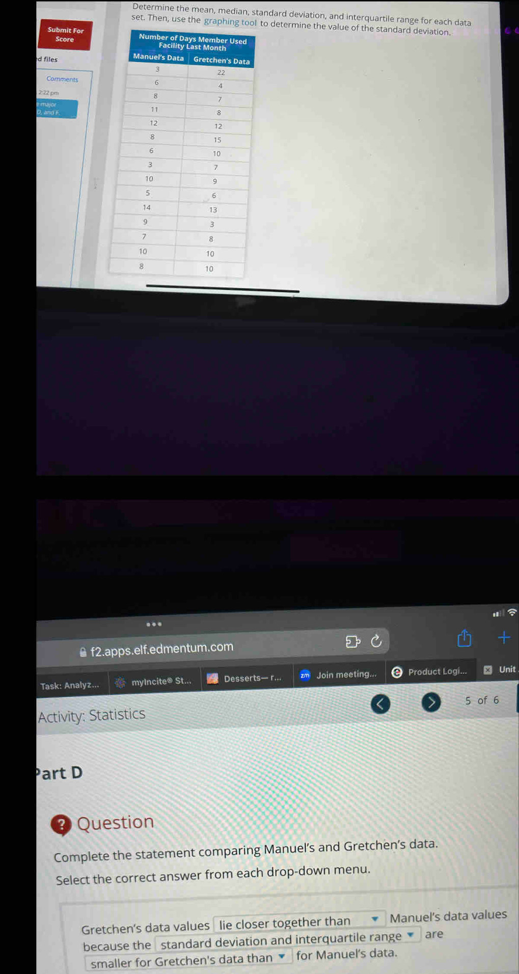 Determine the mean, median, standard deviation, and interquartile range for each data 
set. Then, use the grap to determine the value of the standard deviation. 
Submit For 
Score 
ed files 
Comments 
2:22 pm 
a 
.. 
▲f2.apps.elf.edmentum.com 
Task: Analyz... myIncite® St... Desserts— r... Join meeting... Product Logi... Unit 
Activity: Statistics 
Part D 
3 Question 
Complete the statement comparing Manuel’s and Gretchen’s data. 
Select the correct answer from each drop-down menu. 
Gretchen's data values lie closer together than Manuel’s data values 
because the standard deviation and interquartile range are 
smaller for Gretchen's data than for Manuel's data.