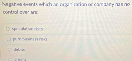 Negative events which an organization or company has no
control over are:
speculative risks
pure business risks
debits
credits