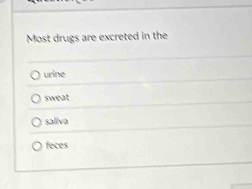 Most drugs are excreted in the
urine
sweat
saliva
feces