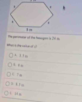 The perimeter of the hexagon is 24 m.
What is the value of 3?
A. 3. 5 m
0. 6 m
c. 7 m
□. 8 5 m
L 14 m