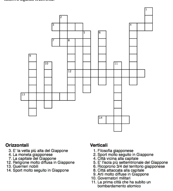 Orizzontali Verticali
3. E' la vetta più alta del Giappone 1. Filosofia giapponese
4. La moneta giapponese 2. Sport molto seguito in Giappone
7. La capitale del Giappone 4. Città vicina alla capitale
12. Religione molto diffusa in Giappone 5. E' l'isola più settemtrionale del Giappone
13. Guerrieri nobili 6. Ricoprono 3/4 del territorio giapponese
14. Sport molto seguito in Giappone 8. Città attaccata alla capitale
9. Arti molto diffuse in Giappone
10. Governatori militari
11. La prima città che ha subito un
bombardamento atomico