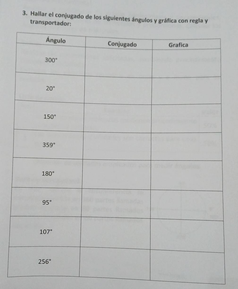 Hallar el conjugado de los siguientes ángulos y gráfica con regla y
transportador: