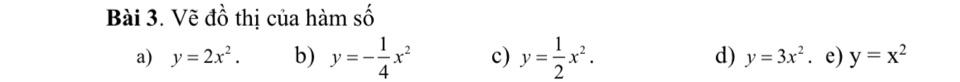 Vẽ đồ thị của hàm số 
a) y=2x^2. b) y=- 1/4 x^2 c) y= 1/2 x^2. d) y=3x^2 e) y=x^2