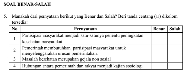 SOAL BENAR-SALAH 
5. Manakah dari pernyataan berikut yang Benar dan Salah? Beri tanda centang (□) dikolom 
tersedia!