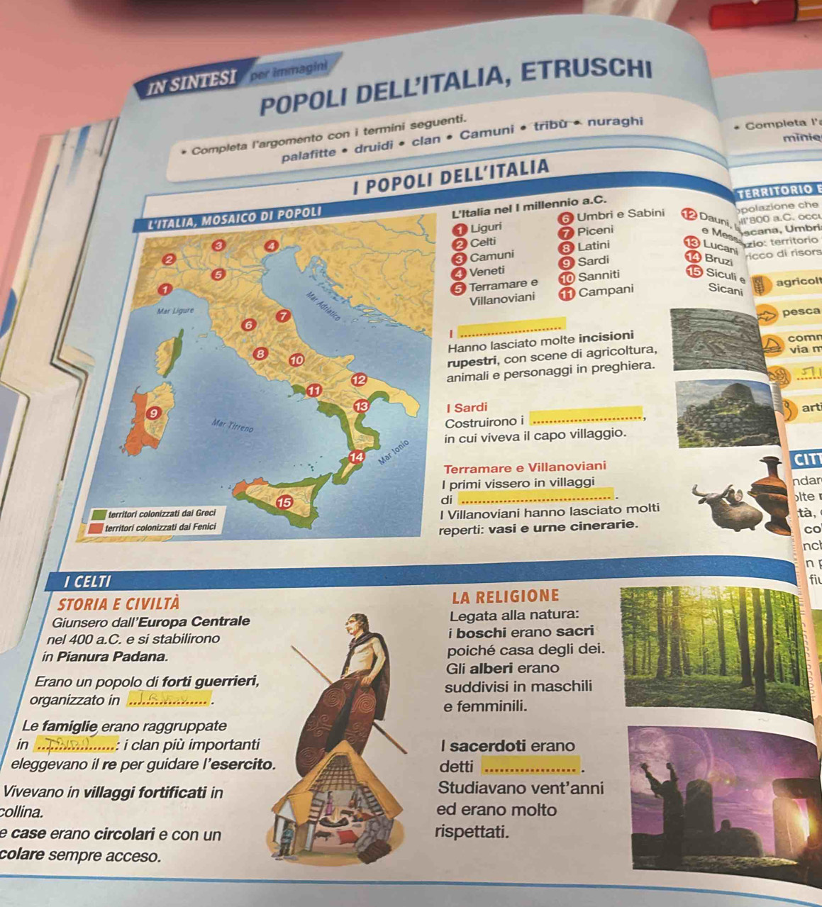 INSINTESI per immagini
POPOLI DELL'ITALIA, ETRUSCHI
Completa l'argomento con i termini seguenti.
minie
palafitte • druidi • clan • Camuni • tribù • nuraghi
Completa l'
I POPOLI DELL’ITALIA
L'Italia nel I millennio a.C. TERRITORIO 
polazione che
Umbri e Sabini O Dauni, L scana, Umbri
Liguri
2 Celti 1 Piceni 1'800 a.C. occ
e Messa io: territorio
❸ Camuni 8 Latini
Lucani cco di risors
4 Veneti  Sardi
4 Bruzi
Terramare e 10 Sanniti Siculie agricol
Villanoviani  Campani Sicani
pesca
Hanno lasciato molte incisioni
comn
rupestri, con scene di agricoltura, via m
_
animali e personaggi in preghiera.
I Sardi
Costruirono i arti
n cui viveva il capo villaggio.
Terramare e Villanoviani
CIT
primi vissero in villaggi
ndar
i_
lte 
Villanoviani hanno lasciato molti tà,
eperti: vasi e urne cinerarie.
co
nc
n 
ICELTI fiu
STORIA E CIVILTÀ LA RELIGIONE
Giunsero dall'Europa Centrale Legata alla natura:
nel 400 a.C. e si stabilironoi boschi erano sacri
in Pianura Padana.poiché casa degli dei.
Gli alberi erano
Erano un popolo di forti guerrieri,
suddivisi in maschili
organizzato in_
e femminili.
Le famiglie erano raggruppate
in _I sacerdoti erano
: i clan più importanti
eleggevano il re per guidare l’esercitodetti_
Vivevano in villaggi fortificati inStudiavano vent'anni
collina. ed erano molto
e case erano circolari e con unrispettati.
colare sempre acceso.