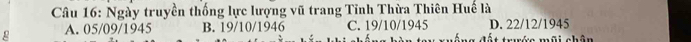 Ngày truyền thống lực lượng vũ trang Tỉnh Thừa Thiên Huế là
g A. 05/09/1945 B. 19/10/1946 C. 19/10/1945 D. 22/12/1945
t trớe mũi chân