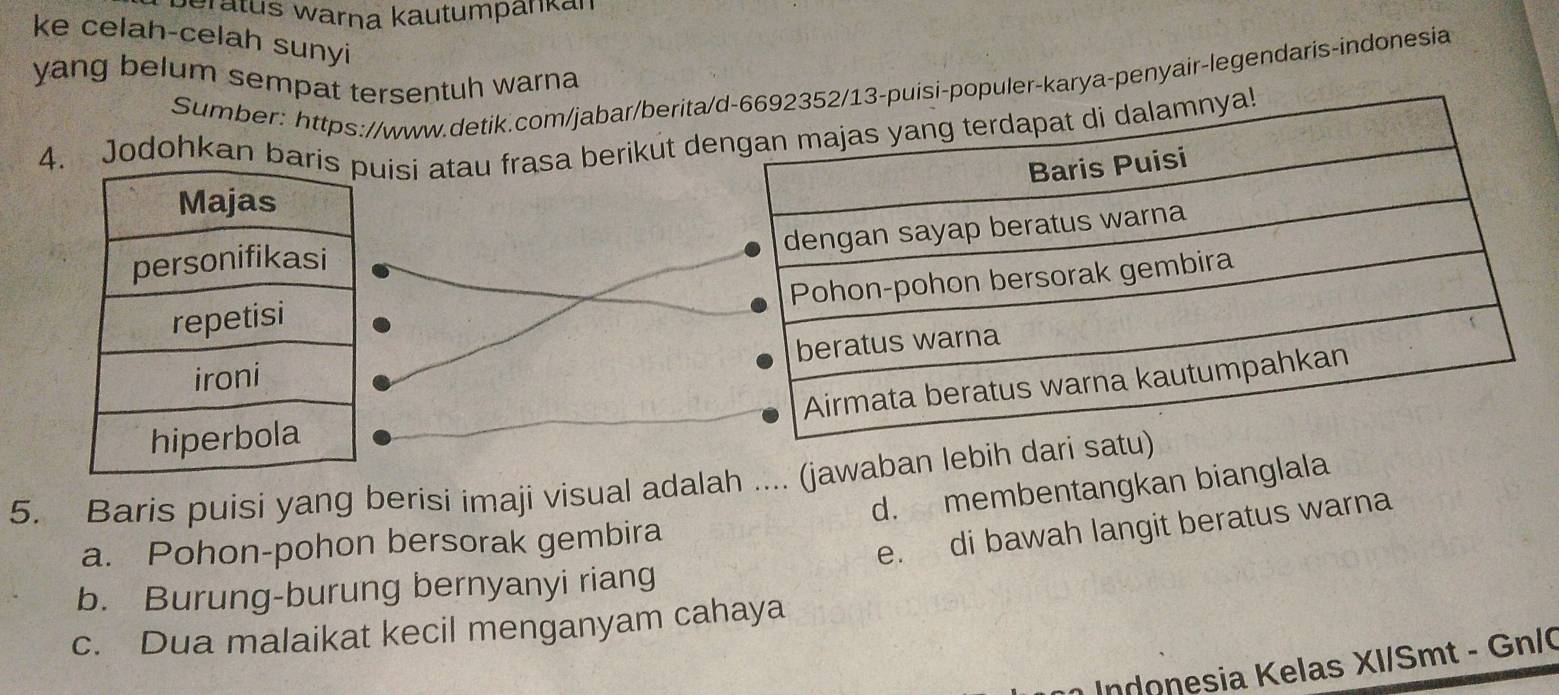 veratus warna kautumpankan
ke celah-celah sunyi
yang belum sempat tersentuh warna
Sumber: https://www.detik.com/jabar/berita/uler-karya-penyair-legendaris-indonesia
4. Jodohkan baruisi atau frasa berikut de
5. Baris puisi yang berisi imaji visual adalah .... (jawaban lebih dari
d. membentangkan bianglala
a. Pohon-pohon bersorak gembira
e. di bawah langit beratus warna
b. Burung-burung bernyanyi riang
c. Dua malaikat kecil menganyam cahaya
do nesia Kelas XI/Smt - Gn/