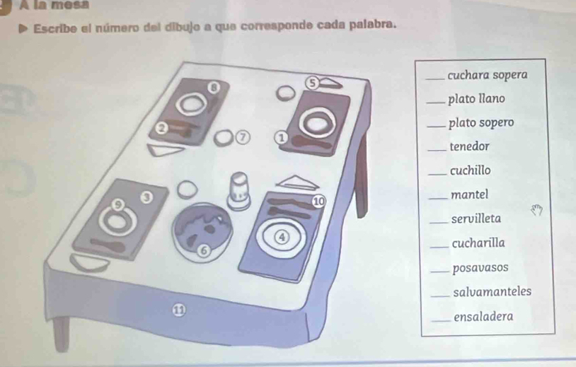 A la mesa 
Escribe el número del dibujo a que corresponde cada palabra. 
_cuchara sopera 
_plato llano 
_plato sopero 
_tenedor 
_cuchillo 
mantel 
_servilleta 
_cucharilla 
_posavasos 
_salvamanteles 
_ensaladera