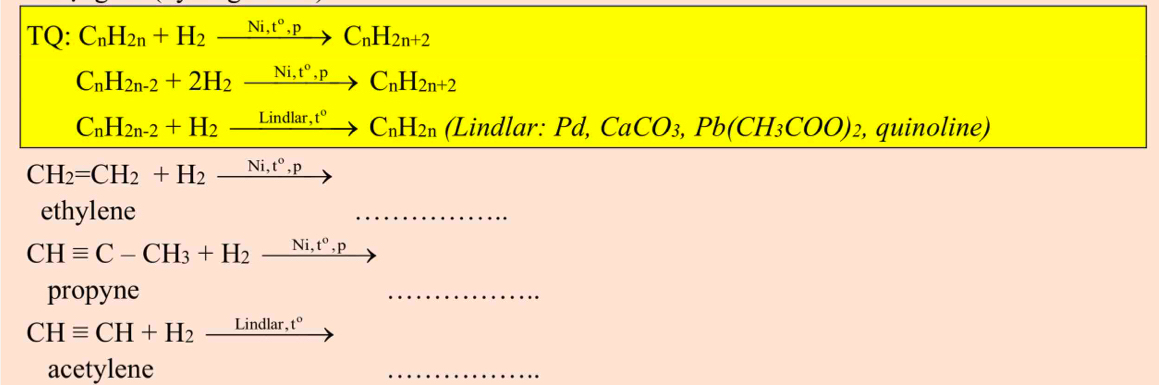 TQ: C_nH_2n+H_2xrightarrow Ni,t°,pC_nH_2n+2
C_nH_2n-2+2H_2xrightarrow Ni,t°, pC_nH_2n+2
C_nH_2n-2+H_2xrightarrow Lindlar,t^oC_nH_2n (Lin dlar: Pd, CaCO_3, Pb(CH_3COO) 2, quinoline)
CH_2=CH_2+H_2xrightarrow Ni,t°,p
ethylene
CHequiv C-CH_3+H_2xrightarrow Ni,t^0,p
propyne
CHequiv CH+H_2 _ Lindla ,t°
acetylene