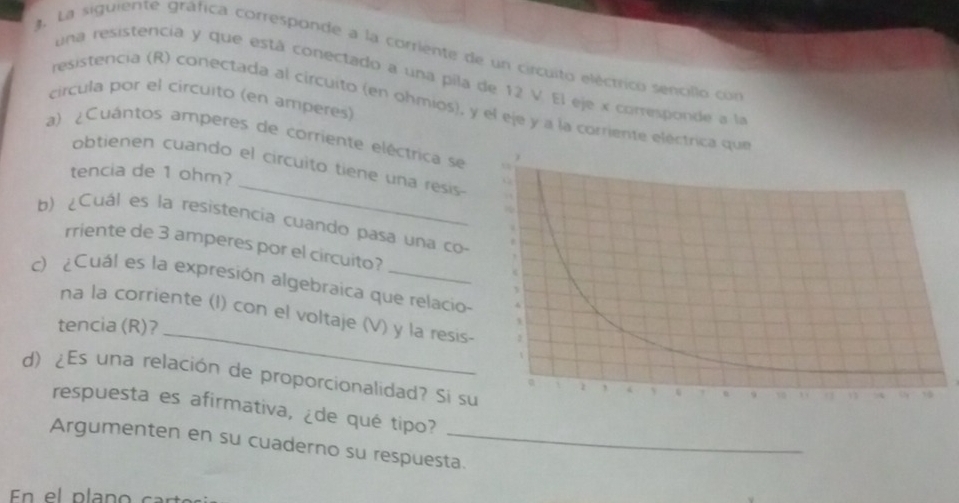 La siguiente gráfica corresponde a la corriente de un circuito eléctrico sencillo cun 
una resistencia y que está conectado a una pila de 12 V. El eje x corresponde a la 
círcula por el circuito (en amperes) 
resistencia (R) conectada al circuito (en ohmios), y el eje y a la corriente eléctrica que 
a) ¿Cuántos amperes de corriente eléctrica se 
_ 
obtienen cuando el circuito tiene una resis- 
tencia de 1 ohm? 
b) ¿Cuál es la resistencia cuando pasa una co 
rriente de 3 amperes por el circuito? 
c) ¿Cuál es la expresión algebraica que relacio- 
tencia (R)? 
na la corriente (I) con el voltaje (V) y la resis- 
d) ¿Es una relación de proporcionalidad? Si su 
respuesta es afirmativa, ¿de qué tipo? 
Argumenten en su cuaderno su respuesta.