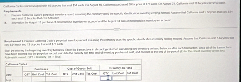 California Cycles started August with 15 bicycles that cost $54 each. On August 16, Catifornia purchased 30 bicycles at $78 each On August 31, California sold 18 bicycles for $100 each 
Requirements 
1. Prepare California Cycle's perpetual inventory record essuming the company uses the specific identification inventory costing method Assume that Califomia sold 5 bicycies that cost $54
each and 13 bicycles that cost $78 each 
2. Journalize the August 16 purchase of merchandise inventory on account and the August 31 sale of merchandise inventory on account 
Requirement 1. Prepare California Cycle's perpetual inventory record assuming the company uses the specific identification inventory costing method. Assume that California sold 5 bicycles that 
cost $54 each and 13 bicycles that cost $7B each 
Start by entering the beginning inventory balances. Enter the transactions in chronological order, calculating new inventory on hand balances after each transaction. Once all of the transactions 
have been entered into the perpetual record, calculate the quantity and total cost of inventory purchased, sold, and on hand at the end of the penod. (Enter the cidest inventory layers first 
Abbreviation used QTY=Quanity.Tot=Total)