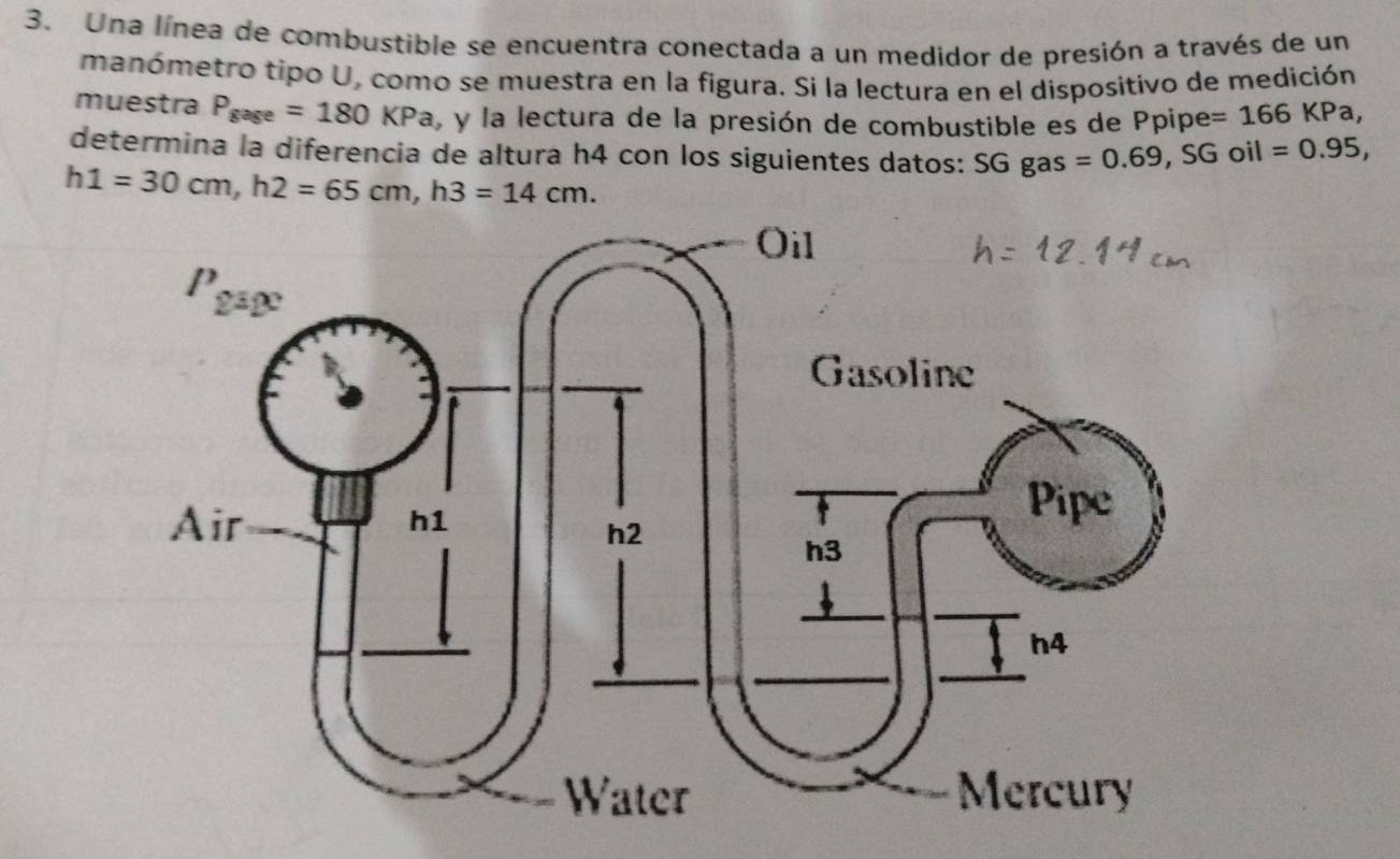 Una línea de combustible se encuentra conectada a un medidor de presión a través de un 
manómetro tipo U, como se muestra en la figura. Si la lectura en el dispositivo de medición 
muestra P_gage=180KPa , y la lectura de la presión de combustible es de Ppipe =166 KP a, 
determina la diferencia de altura h4 con los siguientes datos: SG gas =0.69, SGoil=0.95,
h1=30cm, h2=65cm, h3=14cm.