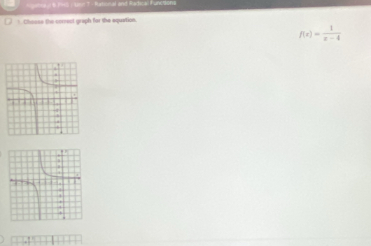 Agebraul & PHS : Unt 7 - Rational and Radical Functions 
) Choase the correct graph for the equation.
f(x)= 1/x-4 