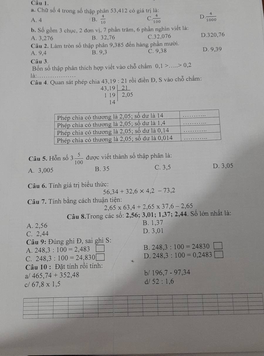 Chữ số 4 trong số thập phân 53,412 có giá trị là:
C.
A. 4 B.  4/10   4/100 
D. 4/1000 
b. Số gồm 3 chục, 2 đơn vị, 7 phần trăm, 6 phần nghìn viết là:
A. 3,276 B. 32,76 C.32,076 D.320,76
Câu 2. Làm tròn số thập phân 9,385 đến hàng phần mười.
A. 9,4 B. 9,3 C. 9,38 D. 9,39
Câu 3.
Bốn số thập phân thích hợp viết vào chỗ chấm 0,1> _ 0,2
là:_
Câu 4. Quan sát phép chia 43.19:21 rồi điền Đ, S vào chỗ chấm:
beginarrayr 43,19 119 14endarray | 21/2,05 
Câu 5. Hỗn số 3 5/100  được viết thành số thập phân là:
A. 3,005 B. 35 C. 3,5 D. 3,05
Câu 6. Tính giá trị biểu thức:
56,34+32,6* 4,2-73,2
Câu 7. Tính bằng cách thuận tiện:
2,65* 63,4+2,65* 37,6-2,65
Câu 8.Trong các số: 2,56; 3,01; 1,37; 2,44. Số lớn nhất là:
A. 2,56
B. 1,37
C. 2,44 D. 3,01
Câu 9: Đúng ghi Đ, sai ghi S:
A. 248,3:100=2,483
B. 248,3:100=24830
C. 248,3:100=24,830□ D. 248,3:100=0,2483
Câu 10 :  Đặt tính rồi tính:
b/
a/ 465,74+352,48 196,7-97,34
c/ 67,8* 1,5
d/ 52:1,6