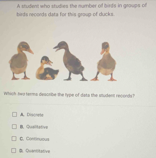 A student who studies the number of birds in groups of
birds records data for this group of ducks.
Which two terms describe the type of data the student records?
A. Discrete
B. Qualitative
C. Continuous
D. Quantitative