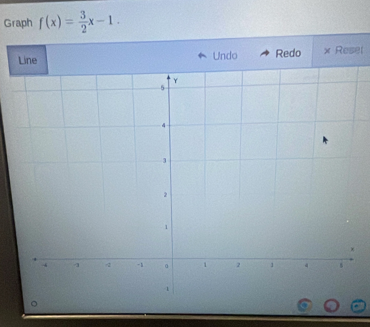 Graph f(x)= 3/2 x-1. 
Line Undo 
Redo Reset