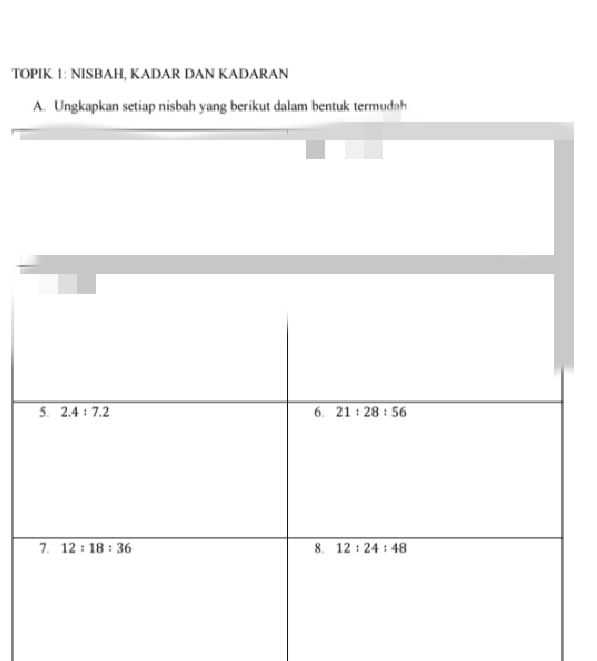 TOPIK. 1: NISB|AH, KADAR DAN KADARAN 
A. Ungkapkan setiap nisbah yang berikut dalam bentuk termudah 
5. 2.4:7.2 6. 21:28:56
7. 12:18:36 8. 12:24:48