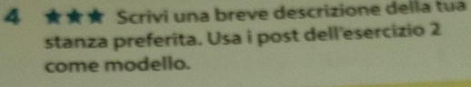 Scrivi una breve descrizione della tua 
stanza preferita. Usa i post dell'esercizio 2 
come modello.