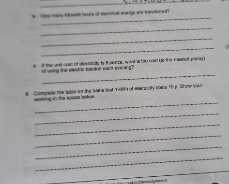 How many kllowatt hours of electrical energy are transferred? 
_ 
_ 
_ 
(2 
c If the unit cost of electricity is 8 pence, what is the cost (to the nearest penny) 
_ 
of using the electric blanket each evening? 
6 Complete the table on the basis that 1 kWh of electricity costs 15 p. Show your 
_ 
working in the space below. 
_ 
_ 
_ 
_ 
_ 
co u k/acknowledgements