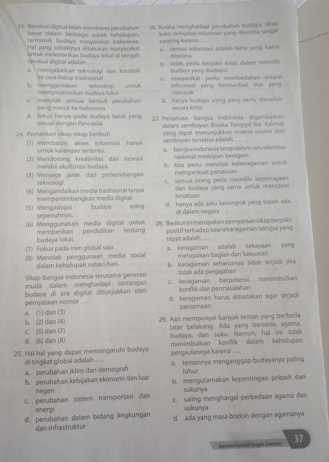 Revolusi digital telah membawa perubahan 26. Ketika menghadapi perubahan budaya, sikap
besar dalam berbagai aspek kehidupan, kritis terhadap informasi yang diterima sangat
termasuk budaya masyarakat Indonesia. penting karena ....
Hal yang sebaiknya dilakukan masyarakat a. semua informasi adalah fakta yang harus
untuk melestarikan budaya lokal di tengah diterima
revolusi digital adalah .... b. tidak perlu berpikir kritis dalam memilih
a. mengabaikan teknologi dan kembali budaya yang diadopsi
ke cara hidup tradisional c. masyarakat perlu membedakan antara
b. menggunakan  teknologi untuk informasi yang bermanfaat dan yang
mempromosikan budaya lokal merusak
c. menolak semua bentuk perubahan d. hanya budaya asing yang perlu dianalisis
yang masuk ke Indonesia secara kritis
d. fokus hanya pada budaya barat yang 27. Persatuan bangsa Indonesia digambarkan
sesuai dengan Pancasila
dalam semboyan Bineka Tunggal Ika. Kalimat
24. Perhatikan sikap-sikap berikut! yang tepat menunjukkan makna utama dari 
(1) Membatasi akses informasi hanya semboyan tersebut adalah ....
untuk kalangan tertentu. a. bangsa Indonesia tetap dalam satu identitas
(2) Mendorong kreativitas dan inovasi nasional meskipun beragam
melalui akulturasi budaya. b. kita perlu menolak keberagaman untuk
(3) Menjaga jarak dari perkembangan memperkuat persatuan
teknologi. c. semua orang perlu memiliki kepercayaan
(4) Mengandalkan media tradisional tanpa dan budaya yang sama untuk mencapai
mempertimbangkan media digital
kesatuan
(5) Mengadopsi budaya asing d. hanya ada satu kelompok yang boleh ada
sepenuhnya. di dalam negara
(6) Menggunakan media digital untuk 28. Berikut ini merupakan pernyataan sikap berpikir
memberikan pendidikan tentang positif terhadap keanekaragaman bangsa yang
budaya lokal. tepat adalah ….
(7) Fokus pada tren global saja a. keragaman adalah kekayaan yang
(8) Menolak penggunaan media sosial merupakan bagian dari kekuatan
dalam kehidupan sehari-hari. b. keragaman seharusnya tidak terjadi jika
Sikap bangsa Indonesia terutama generasi tidak ada penjajahan
muda dalam menghadapi tantangan c. keragaman berpotensi menimbulkan
budaya di era digital ditunjukkan oleh konflik dan permasalahan
pernyataan nomor .... d. keragaman harus ditiadakan agar terjadi
a. (1) dan (3) persamaan
b. (2) dan (4) 29. Azri mempunyai banyak teman yang berbeda
c. (5) dan (7) latar belakang. Ada yang berbeda agama,
d. (6) dan (8) budaya, dan suku. Namun, hal ini tidak
menimbulkan konflik dalam kehidupan
25. Hal-hal yang dapat memengaruhi budaya pergaulannya karena ..
di tingkat global adalah ...
a. temannya menganggap budayanya paling
a. perubahan iklim dan demografi luhur
b. perubahan kebijakan ekonomi dan luar b. mengutamakan kepentingan pribadi dan
negeri sukunya
c. perubahan sistem transportasi dan c. saling menghargai perbedaan agama dan
energi sukunya
d. perubahan dalam bidang lingkungan d. ada yang masa bodoh dengan agamanya
dan infrastruktur
Asesmen Sumatif Tengah Semester 37