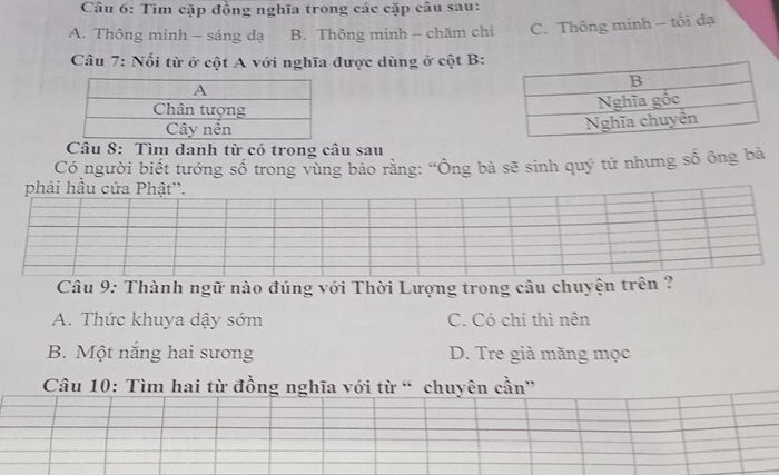 Tìm cặp đồng nghĩa trong các cặp câu sau:
A. Thông minh - sáng dạ B. Thông minh - chăm chỉ C. Thông minh - tối đạ
Câu 7: Nối từ ở cột A với nghĩa được dùng ở cột B :
Câu 8: Tìm danh từ có trong câu sau
Có người biết tướng số trong vùng bảo rằng: ''Ông bà sẽ sinh quý tử nhưng số ông bà
Câu 9: Thành ngữ nào đúng với Thời Lượng trong câu chuyện trên ?
A. Thức khuya dậy sớm C. Có chí thì nên
B. Một nắng hai sương D. Tre già măng mọc
Câu 10: Tìm hai từ đồng nghĩa với từ “ chuyên cần”