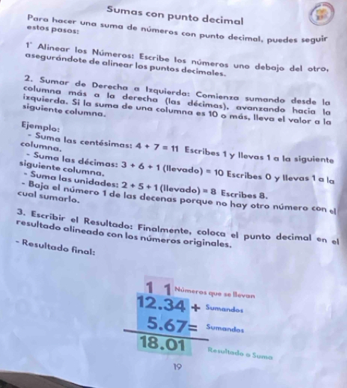 Sumas con punto decimal 
Para hacer una suma de números con punto decimal, puedes seguir 
estos pasos: 
1° Alinear los Números: Escribe los números uno debajo del otro, 
asegurándote de alinear los puntos decimales. 
2. Sumar de Derecha a Izquierda: Comienza sumando desde la 
columna más a la derecha (las décimas), avanzando hacía la 
ixquierda. Si la suma de una columna es 10 o más, lleva el valor a la 
siguiente columna. 
Ejemplo: - Suma las centésimas: 4+7=11 Escribes 1 y llevas 1 a la siguiente 
columna. - Suma las décimas: 3+6+1 (llevado) =10
siguiente columna. 
Escribes 0 y llevas 1 a la 
- Suma las unidades: 2+5+1 (llevado) =8 Escribes 8. 
cual sumarlo. 
- Baja el número 1 de las decenas porque no hay otro número con el 
3. Escribir el Resultado: Finalmente, coloca el punto decimal en el 
resultado alineado con los números originales. 
- Resultado final: 
e se levan 
mandos
beginarrayr 11 12.34+ 5.67= 18.01endarray mandos 
sultado o Suma 
19