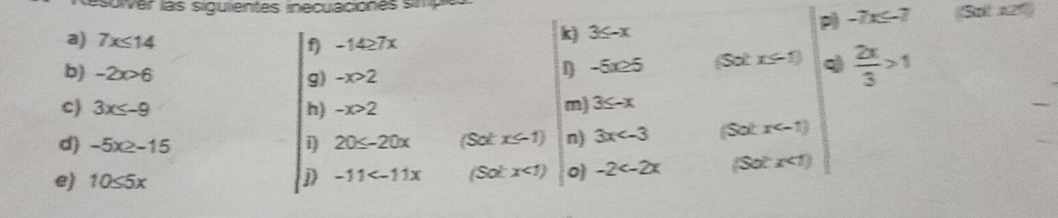 Resuelto:solver las siguientes ineculaciónes spo Sa P a) 7x≤ 14 -14≥ 7x ...