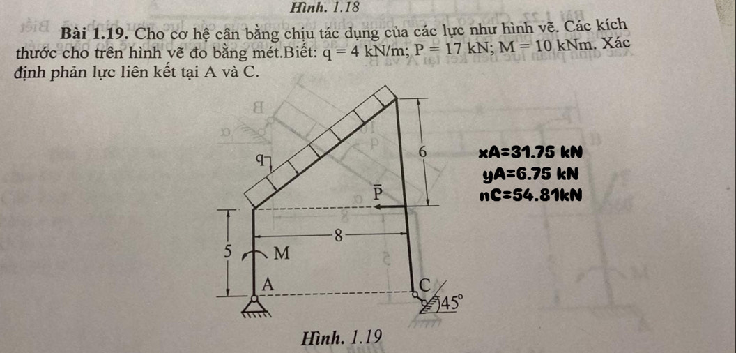 Hình. 1.18
Bài 1.19. Cho cơ hệ cân bằng chịu tác dụng của các lực như hình vẽ. Các kích
thước cho trên hình yẽ đo bằng mét.Biết: q=4kN/m;P=17kN;M=10 kNm. Xác
định phản lực liên kết tại A và C.
* A=31.75kN
yA=6.75kN
nC=54.81kN