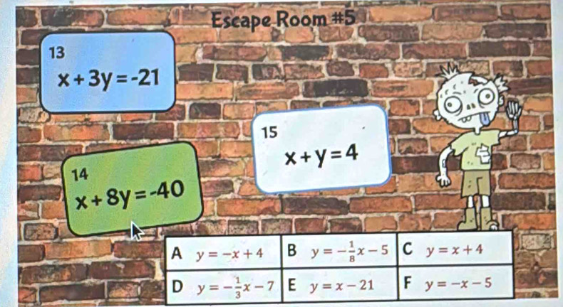 Escape Room #5
13
x+3y=-21
15
x+y=4
14
x+8y=-40